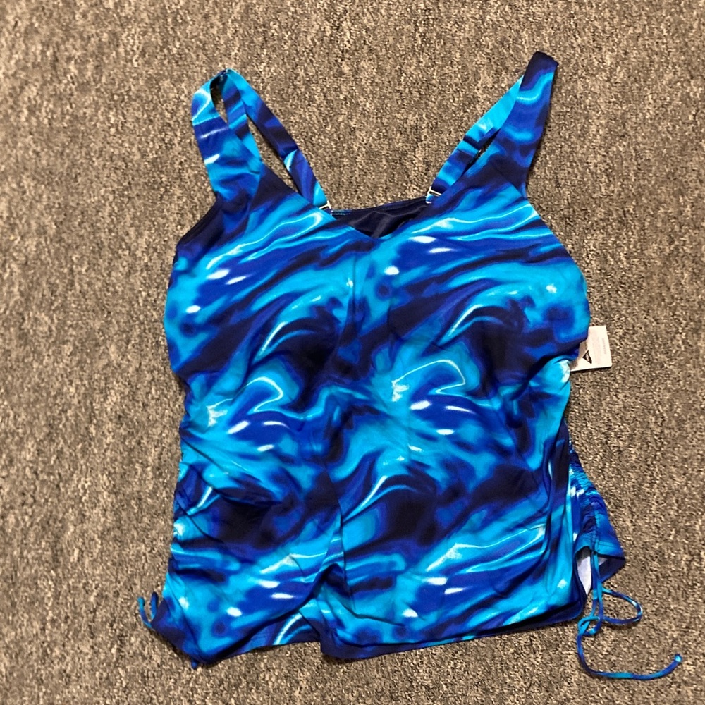 Lands' End Turquoise and Navy Wave-Print Tankini Top, NWT, size 18w